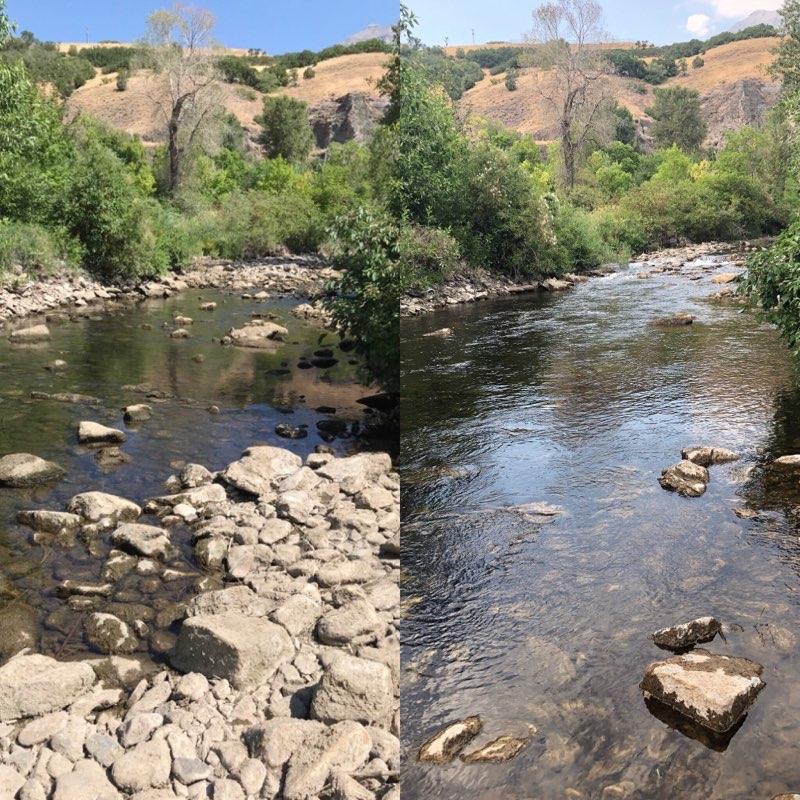 side by side before and after image of provo river after restoration