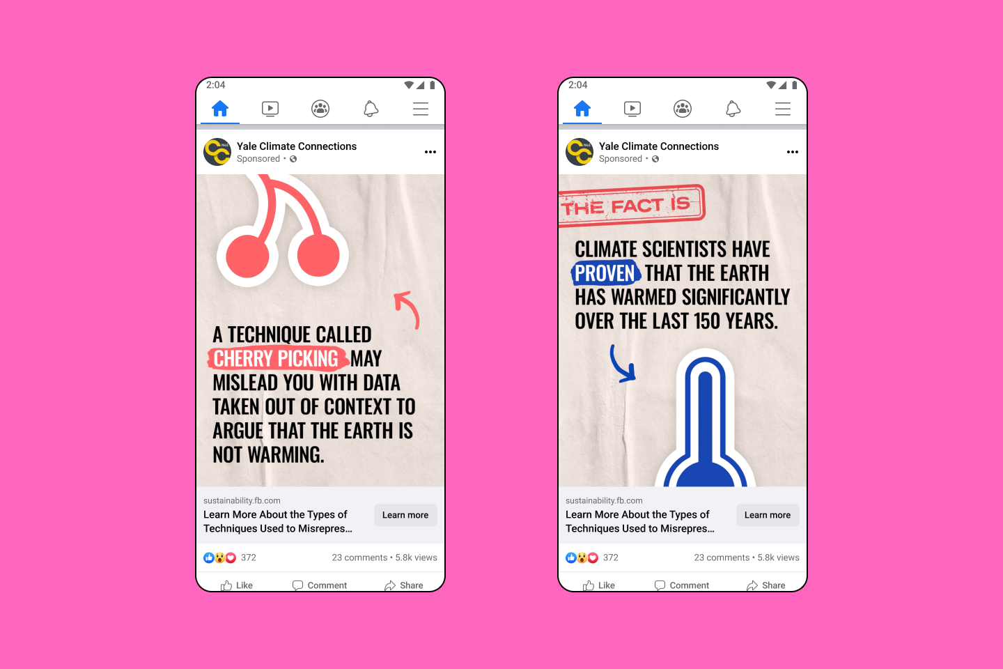 In-app UI shown on mobile device with two examples of content from Yale Climate Connections on Facebook