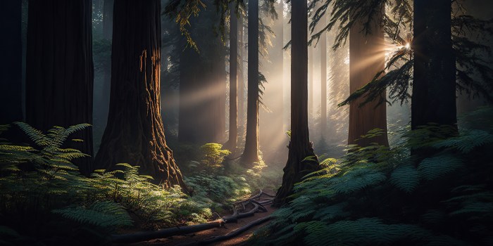 Picturesque view of a lush forest floor with sunlight peeking through the trees